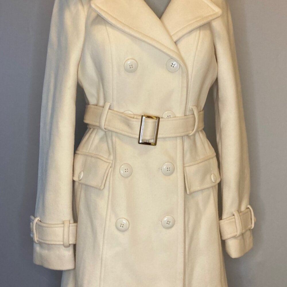 Elegant Cream Double-Breasted Women's Coat Bebe Rabbit Fur Large